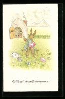 Künstler-AK Inge Schott: Osterhase Beim Bemalen Von Eiern Vor Seiner Hütte  - Easter