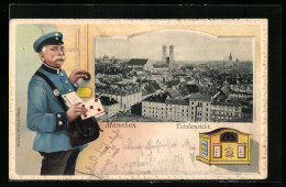 Passepartout-Lithographie München, Totalansicht, Briefkasten, Briefträger An Der Haustür  - Post & Briefboten