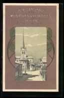 Passepartout-AK Payerne, Fete Cantonale Des Musiques Vaudoises 1907, Ortspartie Mit Kirche, Florale Ornamente  - Payerne