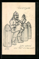 Künstler-AK Sign. Lehmann Loumont: Die Liebesgabe, Soldat Bewertet Patronen  - Guerra 1914-18