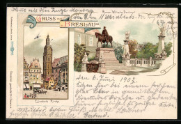 Lithographie Breslau, Elisabeth-Kirche, Kaiser Wilhelm-Denkmal  - Schlesien
