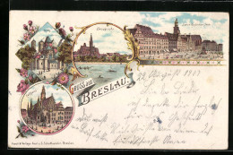 Lithographie Breslau, Dom, Kreuzkirche, Sieben Kurfürtsen Seite, Rathaus  - Schlesien
