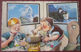 (Zermatt (VS) / Veytaux (VD)) -  Zweibildkarte Humorkarte "Une Fondue En Suisse" (Matterhorn / Chillon) - Zermatt