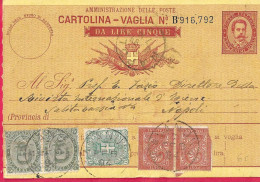 INTERO CARTOLINA-VAGLIA UMBERTO C.10 DA LIRE 5 (+5C.+2X45C+2X2)  (CAT. INT. 6C) - DA RAVANUSA *6.FEB.94* PER NAPOLI - Marcofilía