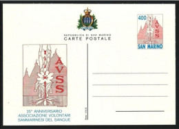 ● San MARINO 1985 ֍ SANGUE AVSS ֍ CARTOLINA POSTALE ● Nuova ** ● Serie Completa ️● Cat. ? € ● - Postal Stationery