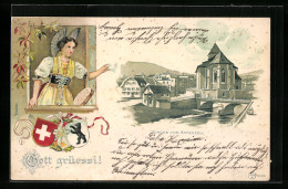 Lithographie Appenzell, Partie An Der Kirche, Grüssende Appenzellerin, Wappen  - Appenzell