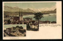 Lithographie Luzern, Gletschergarten, Panorama Mit See Und Gebirge  - Lucerne