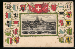 Passepartout-Lithographie Lausanne, Le Grand Pont, Kantone-Wappen  - Lausanne