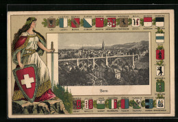 AK Bern, Blick über Die Stadt, Helvetia Mit Schwert Und Wappen  - Bern