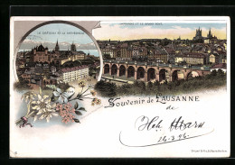 Lithographie Lausanne, Le Château Et La Cathédrale, Le Grand Pont  - Lausanne