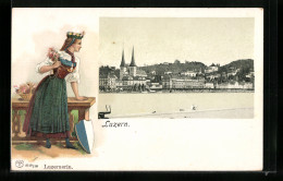 Lithographie Luzern, Blick über Das Wasser Auf Die Stadt, Luzernerin In Tracht Mit Wappen  - Luzern
