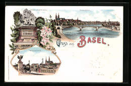 Lithographie Basel, Wettsteinbrücke, Denkmal Der Stadt Strassburg, General-Ansicht  - Bâle