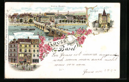 Lithographie Basel, Blick Auf Rheinbrücke Mit Klein-Basel, Spalen-Thor Und Kaufhaus Von Julius Brann  - Bazel