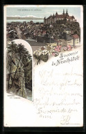 Lithographie Neuchatel, Vue Generale Et Chateau, Gorges De L`Areuse, Edelweiss  - Autres & Non Classés