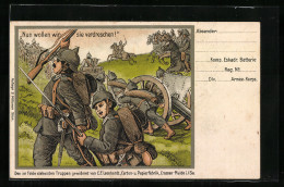 Künstler-AK Deutsche Soldaten Verdreschen Ihre Gegner, Propaganda 1. Weltkrieg  - Weltkrieg 1914-18