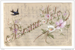 CPA- Carte De Voeux Rhodoïd Aquarélée à La Main " Bonne Fête" Oiseux Fleurs . - Sonstige & Ohne Zuordnung