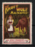 Reklamemarke Wolf Malzkaffee, Kaffeegrossrösterei Jul. Wolf, Frankfurt A. M., Szene Aus Rotkäppchen  - Erinofilia