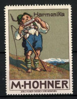 Reklamemarke M. Hohner Harmonika, Bube Spielt Auf Dem Berggipfel Mundharmonika  - Erinnophilie