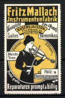 Reklamemarke Instrumentenfabrik Fritz Mallach, Kaiserslautern, Theaterstr. 37, Violinenspielerin  - Erinnofilie