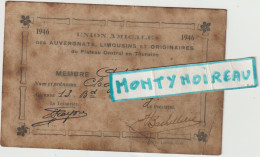 VP : Carte De  Visite : Union Amicales 1946 Des Auvergnats, Auvergne , Chazeaux, Tours ,eragne - Visiting Cards