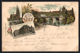 Lithographie Wien, Votiv-Kirche, Hof-Oper, Elisabethbrücke Und Karlskirche  - Autres & Non Classés