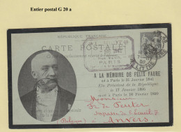 Entier Postal Type Sage G41 Ou 42 Repiquéc à La Mémoire De F FAURE - Bijgewerkte Postkaarten  (voor 1995)