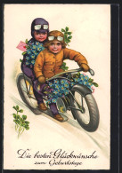 Künstler-AK Junge Und Mädchen Auf Einem Motorrad, Glückwunsch Zum Geburtstag  - Moto