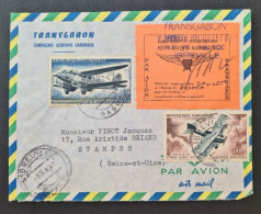 GABON, Vignette Et Timbres PA 7 Et 8 . Vignette TRANSGABON ( Signée Par Le Pilote). - Cartas & Documentos