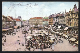 AK Zagreb, Jelacic Placo, Strassenbahnverkehr An Einem Markttag  - Tram