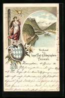 Lithographie Verband Des Bayer. Post- & Telegraphen-Personals, Frau Mit Posthorn Unter Der Telegraphenleitung, Wappen  - Post & Briefboten