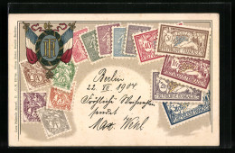 Präge-AK Französische Briefmarken Und Ein Französisches Wappen  - Francobolli (rappresentazioni)