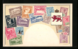AK Briefmarken Tasmania Und Lake Marion, Wappen Und Krone  - Sellos (representaciones)