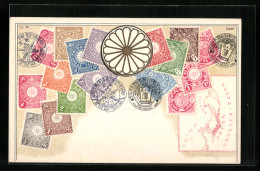 AK Japanische Briefmarken, Landkarte Mit Japan, Japanisches Symbol  - Francobolli (rappresentazioni)