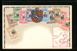 AK Rumänische Briefmarken, Wappen, Landkarte  - Sellos (representaciones)