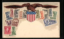 AK Amerikanische Briefmarken, Wappen Mit Adler  - Briefmarken (Abbildungen)