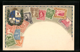 AK Uruguay, Briefmarken, Wappen Mit Pferd, Waage, Turm Und Büffel  - Timbres (représentations)