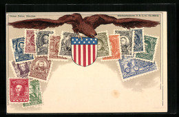 AK Adler Mit Amerikanischem Wappen Nebst Briefmarken  - Briefmarken (Abbildungen)