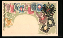 Lithographie Russland, Briefmarken Und Dopelköpfiger Adler Mit Wappen  - Timbres (représentations)