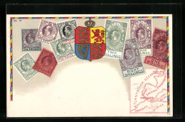 AK Briefmarken, Karte Und Wappen Von Gibraltar, Krone  - Briefmarken (Abbildungen)