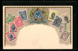 Lithographie Brasilien, Briefmarken Und Flagge Auf Goldenen Sonnenstrahlen, Lorbeer  - Briefmarken (Abbildungen)