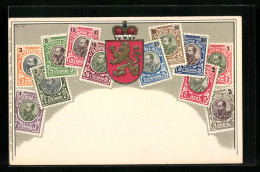 AK Bulgarien, Briefmarken Mit Wappen, Um 1900  - Briefmarken (Abbildungen)