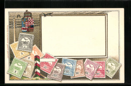 AK Ungarn, Briefmarken, Wappen Und Telegraphenleitung Mit Schwalben  - Briefmarken (Abbildungen)