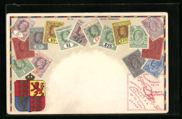 AK Sumatra, Landkarte, Briefmarken, Wappen Und Krone  - Timbres (représentations)