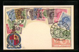 AK Briefmarken Und Wappen Englands, Krone  - Briefmarken (Abbildungen)