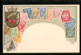 AK Briefmarken Und Wappen, Krone, Ritter Mit Schwert  - Briefmarken (Abbildungen)