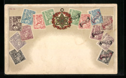 AK Äthiopien, Briefmarken & Wappen, Um 1900  - Briefmarken (Abbildungen)