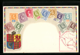 AK Ceylon, Verschiedene Briefmarkenansichten Mit Wappen Und Landkarte  - Timbres (représentations)