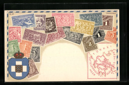 AK Griechenland, Briefmarken Und Wappen Mit Krone, Landkarte  - Timbres (représentations)