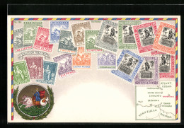 AK Barbados, Briefmarken, Wappen Mit Neptun  - Briefmarken (Abbildungen)