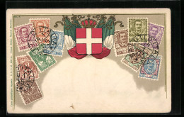 AK Briefmarken Aus Italien Mit Wappen, Flaggen Und Krone  - Francobolli (rappresentazioni)